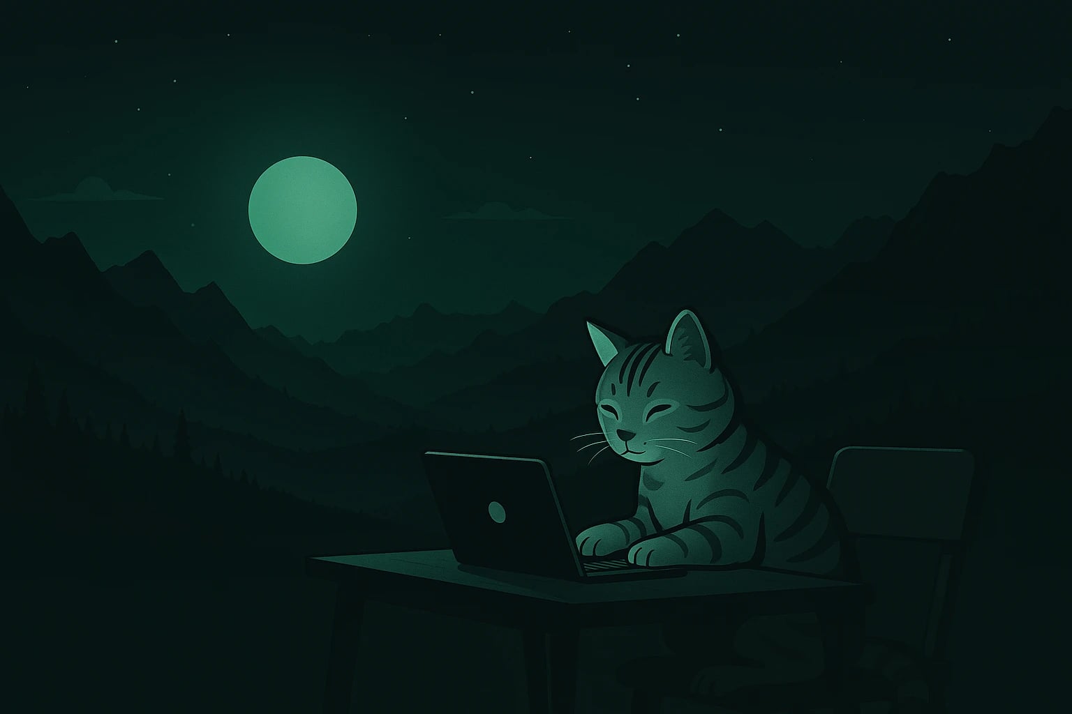 Illustration — Two people working on laptops outdoors at night, surrounded by a mystical mountainous landscape illuminated by the moonlight